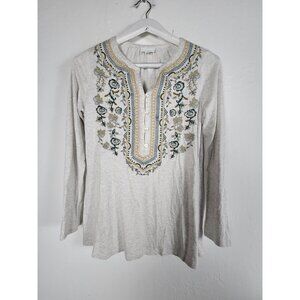 J. Jill Womens Gray Floral Embroidered Long Sleeve Henley Top Shirt XS Casual